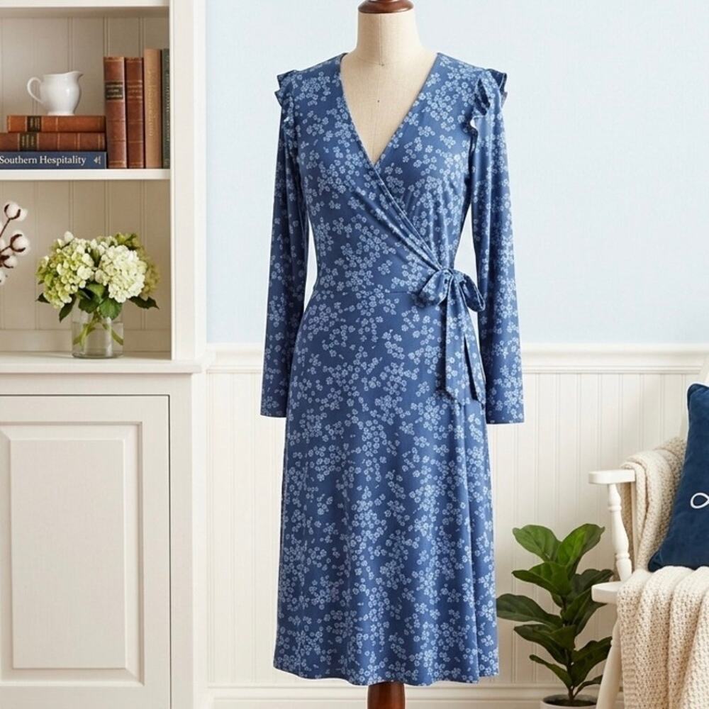 Draper James RSVP Floral Wrap Midi Dress Blue Coquette Cottagecore Large